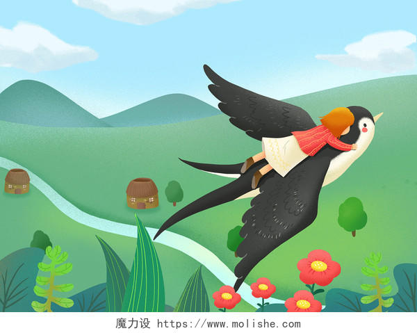 手绘春天坐在燕子上飞翔的女孩插画海报